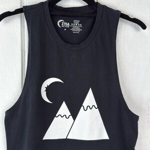 Zyia Active Women’s Size Medium Black Tank Top w/White Moon and Mountain Graphic